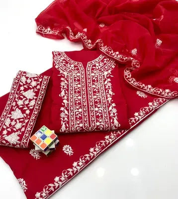 Red Chikankari Lawn 3Pcs Embroidered Suit