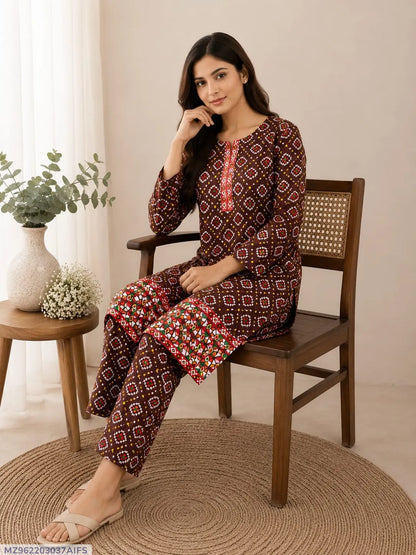 Women's Red Printed 2-Piece Polo Cotton Suit Set